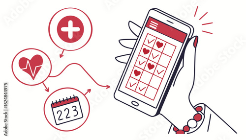 Tracking menstrual cycle app. Hand with smartphone with calendar. Menstrual period. Healthcare and medicine. Applications for women. Flat vector illustration isolated on white background