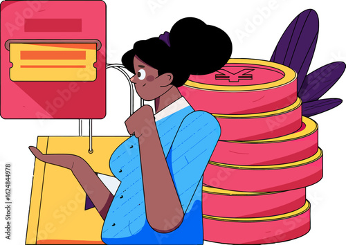 Animated woman invests in vibrant currency, securing her financial future with a smart deposit, representing wealth creation and economic empowerment, a modern illustration of financial success