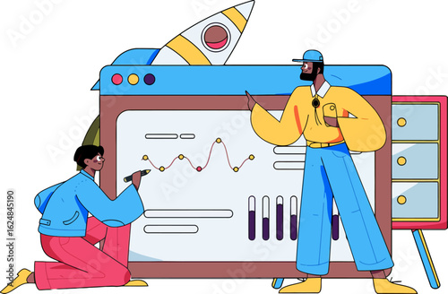 Dynamic team brainstorming strategic growth plans with data analytics and innovative rocket launch concept, charting success with creativity and collaboration in a modern workspace