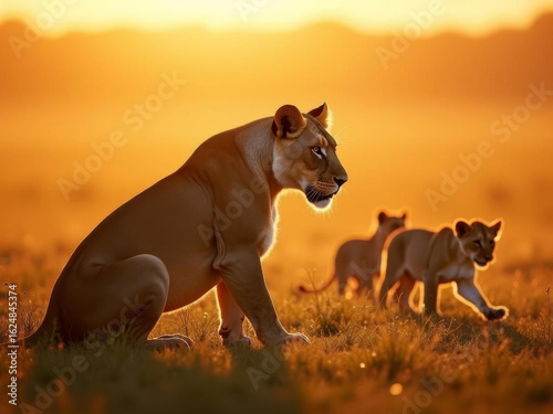 Lionne majestueuse guidant ses lionceaux à travers la savane dorée au coucher du soleil