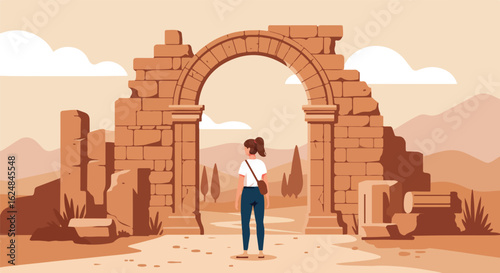 Woman explores old Roman ruins in a desert landscape for tourism or travel ads
