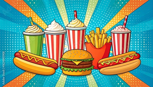 Pop art illustration of fast food with a radiant background