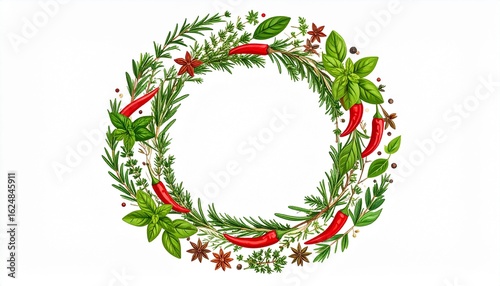 A wreath of fresh herbs and chili peppers on a white background