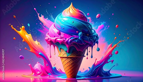 Colorful rainbow ice cream cone with vibrant splashes