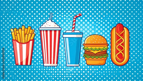 Pop art style illustration of fast food items on a blue background