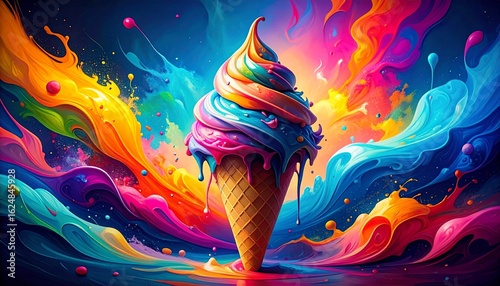 Bright and colorful ice cream cone with splashes