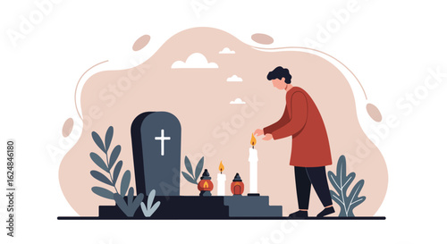 Man lights candle at tombstone with cross. Remembrance against abstract sky