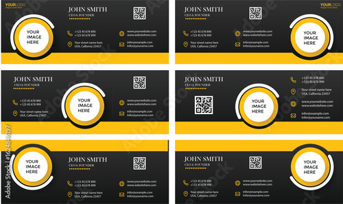 Business Card Templates with QR Code in Modern Minimalist Design with Black and Yellow Color Scheme for Corporate Branding