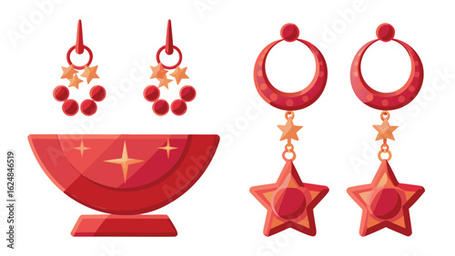 showing a red bowl with stars and two pairs of red and gold earrings on white background