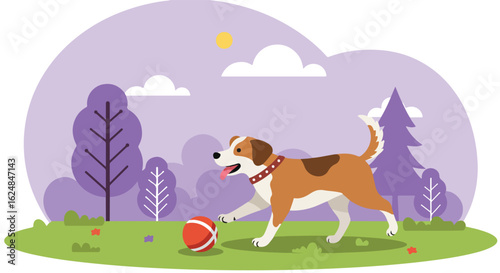 Cartoon dog playing fetch with ball on grass in park; sun & clouds in background