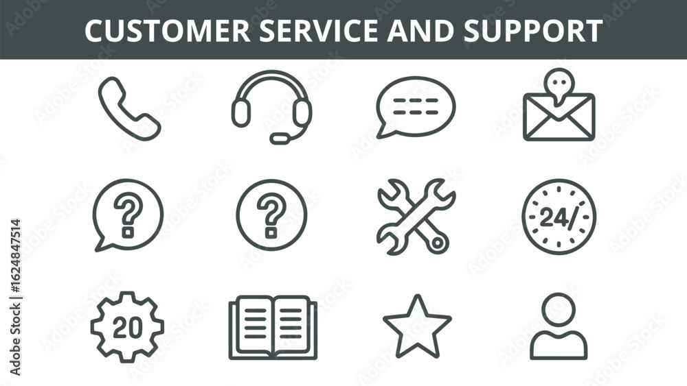 Fototapeta premium Customer Service and Support Vector Icons Set - Help, Contact, Communication, FAQ, 247 Service, and Technical Assistance Symbols