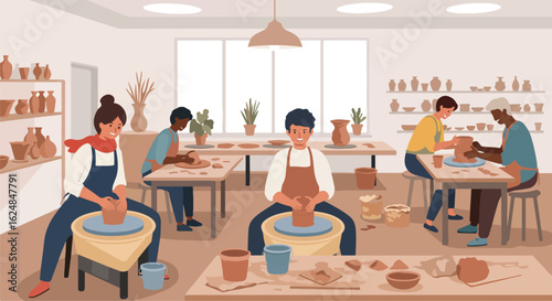 People create pottery on wheels, vases on shelves, clay on the table in the studio