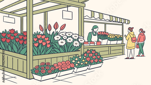 Illustration of a flower market with various blooms and two customers browsing the selection available today