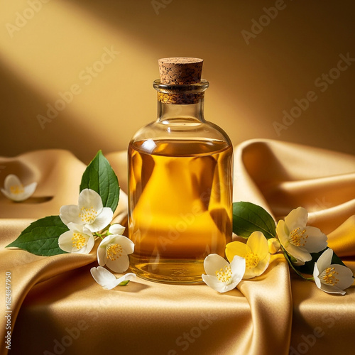 Luxury Jasmine Essential Oil in Glass Bottle on Golden Silk