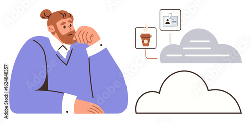 Man contemplating with cloud images, coffee cup, and ID card connections. Ideal for creativity, brainstorming, workflow, cloud storage, productivity lifestyle technology. Simple flat metaphor
