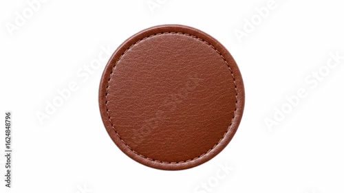 Top view round leather label isolated on white background. 4k animation video.