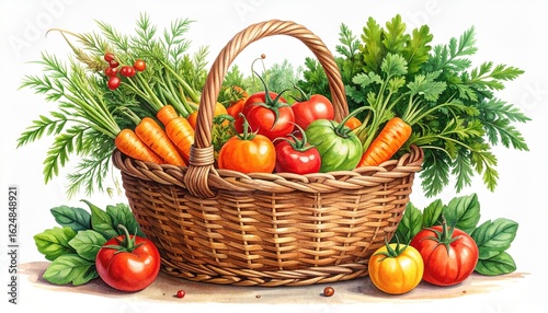 Wicker basket full of fresh organic vegetables