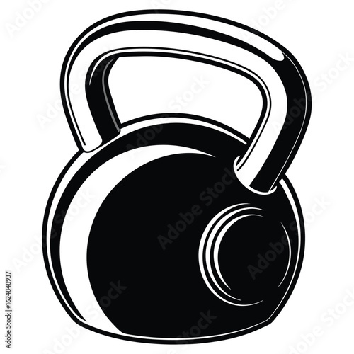 Black and white illustration of a classic kettlebell for weightlifting and fitness training