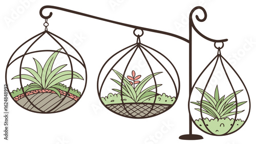 Illustration of three hanging terrariums with plants inside suspended from a decorative metal stand design