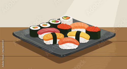 Sushi plate on table, against a neutral background for menu, food blog, restaurant use