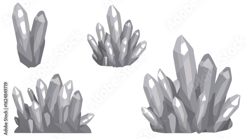 multiple clusters of gray crystals with varying sizes and arrangements shown clearly