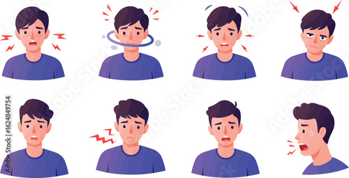 Head and neck symptom illustrations showing ear pain, dizziness, headache, pressure, neck discomfort, and sore throat using expressive icons and facial cues
