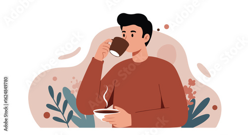 Person drinking hot coffee, floral background, lifestyle, relaxation, illustration