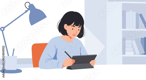 Illustrator draws digital art at desk, with bookshelf. Use Web design, blog post