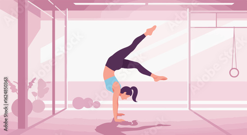 Gymnast handstand. Modern gym; Rings in bg.  Fitness, well-being concept