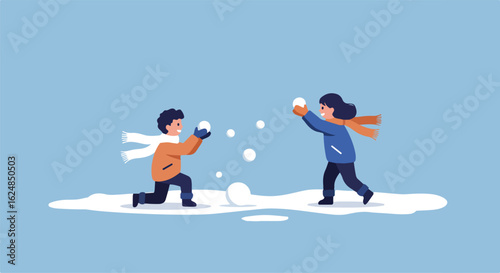 Kids snowball fight, winter scene. Flat background for social media, banners, ads