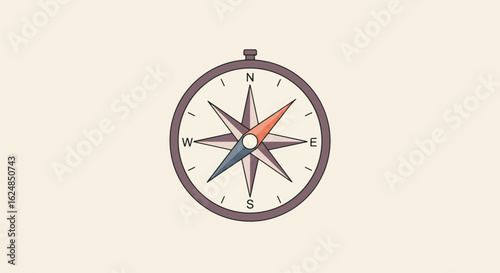 Compass points east on plain background, navigation tool with orientation for direction