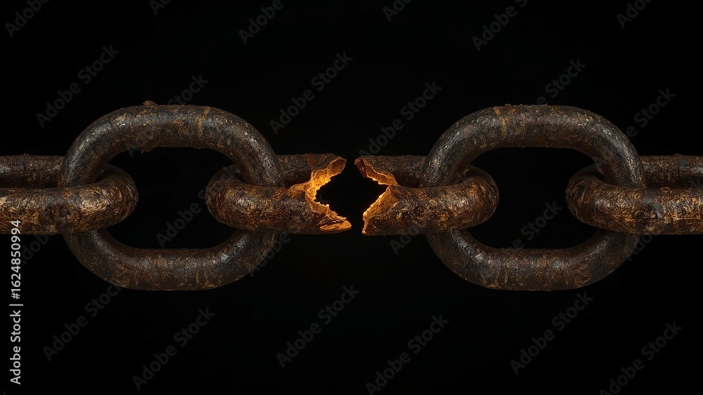 Fototapeta premium A close-up of a broken, rusty chain link with a glowing crack, symbolizing strength and vulnerability.