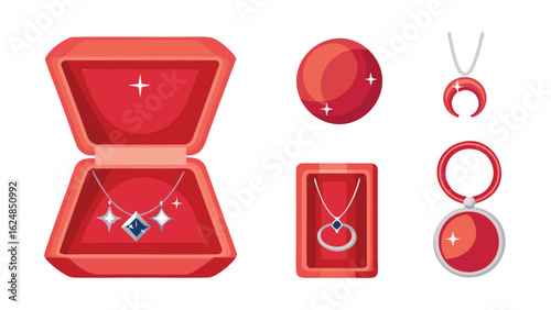 jewelry sets including necklaces and pendants in red boxes and on display stands
