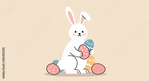Cartoon rabbit embraces eggs on neutral background. Spring celebration use
