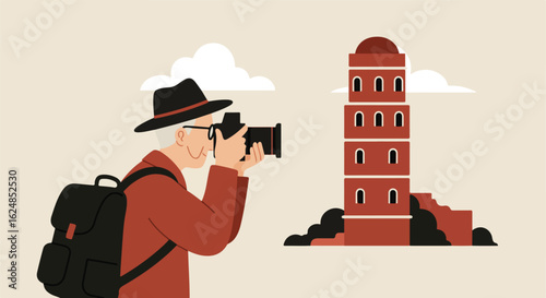 Senior tourist taking photos of tower with clouds. Travel blogging concept