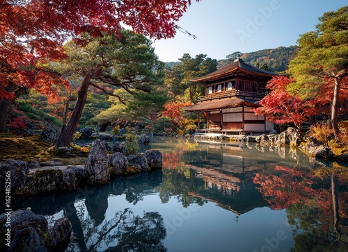 The Ginkakuji (Silver Pavilion) building reflected in the river, with trees and red leaves along its banks, landscape photography, Kyoto cityscape, wide-angle lens, clear sky, high resolution,