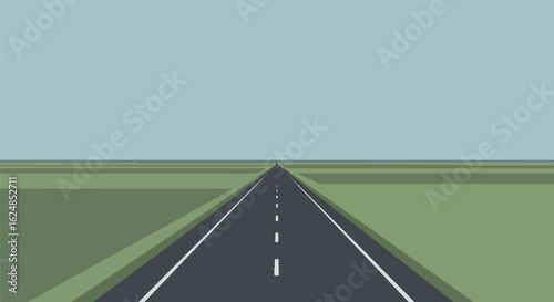 Road perspective view over grassy field under sky for travel themes graphic