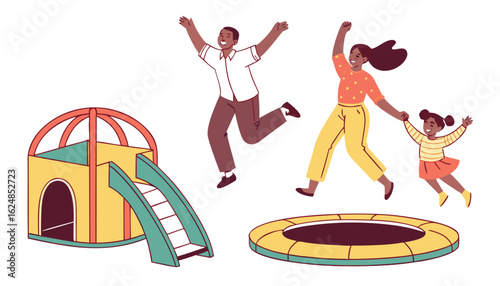 Set of people jumping on trampoline. Happy families with children and adults spend time on playground with trampoline and bouncy house. Cartoon flat vector illustration isolated on white background

