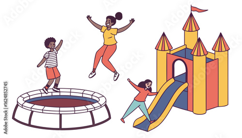 Set of people jumping on trampoline. Happy families with children and adults spend time on playground with trampoline and bouncy house. Cartoon flat vector illustration isolated on white background


