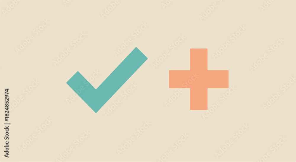 Obraz premium Check mark and plus sign on a plain background, for approval & addition concepts