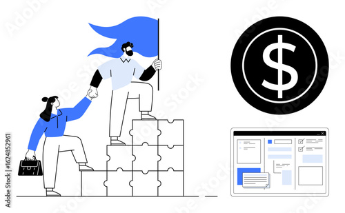 Wallpaper Mural Business team climbing puzzle steps, holding flag, assisting each other, dollar sign, and webpage layout. Ideal for teamwork, leadership, growth support finance technology strategy. Simple flat Torontodigital.ca