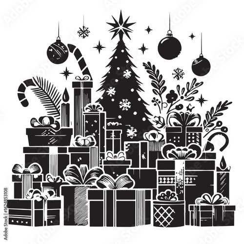  black Christmas present pile Silhouette Vector, High Quality Illustration on White Background
