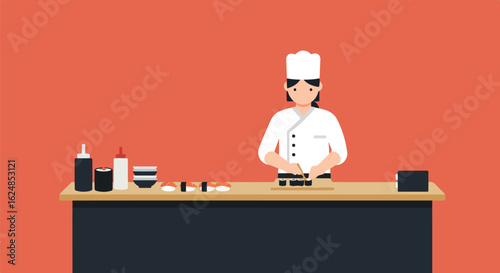 Cook prepares sushi at counter in restaurant against red background. Use Japanese food