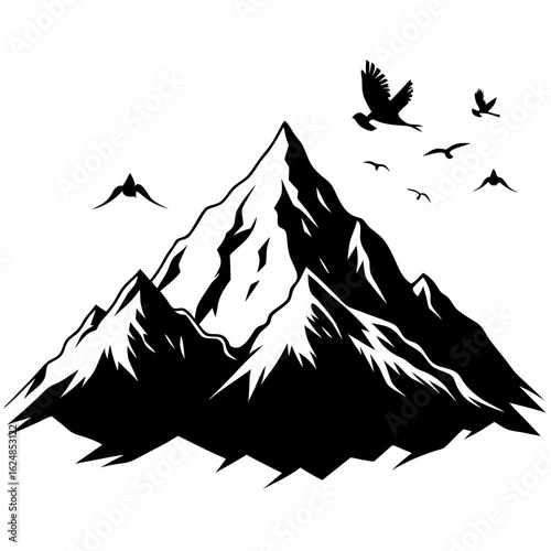 Birds Above Icy Mountain – Clean Black Silhouette Art