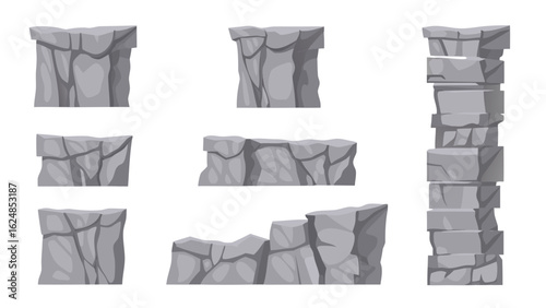 various gray stone elements including walls and stacked stones on a white background
