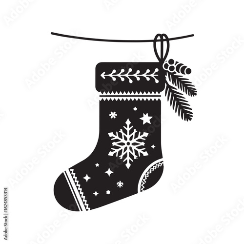  black Christmas stocking hanging Silhouette Vector, High Quality Illustration on White Background