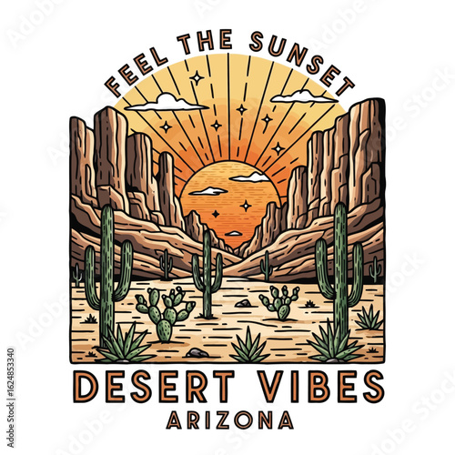 Arizona Desert Landscape at Sunset with Cacti and Mountains Feel the Sunset Desert Vibes Arizona