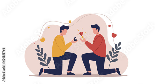 Two men propose; ring exchange on knees, decoration hearts in background for campaign use