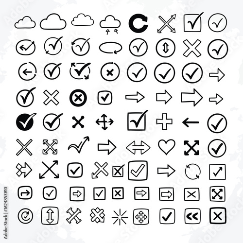 Hand Drawn Vector Icon Set with Arrows Checks Clouds and More for Creative Projects