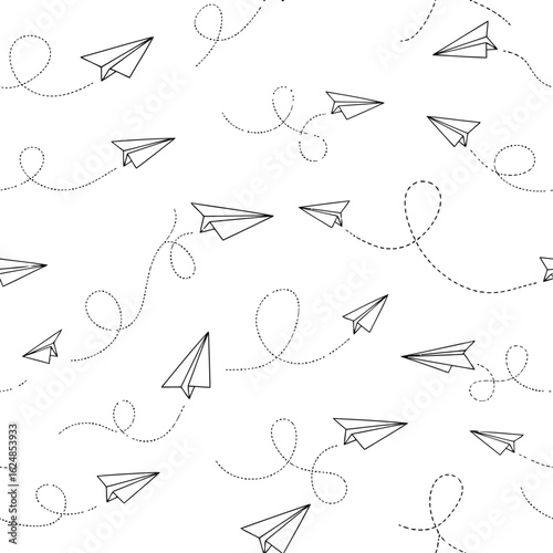 Paper Airplane Seamless Pattern on White Background Perfect for Education Design and Creative Projects Black and White Illustration